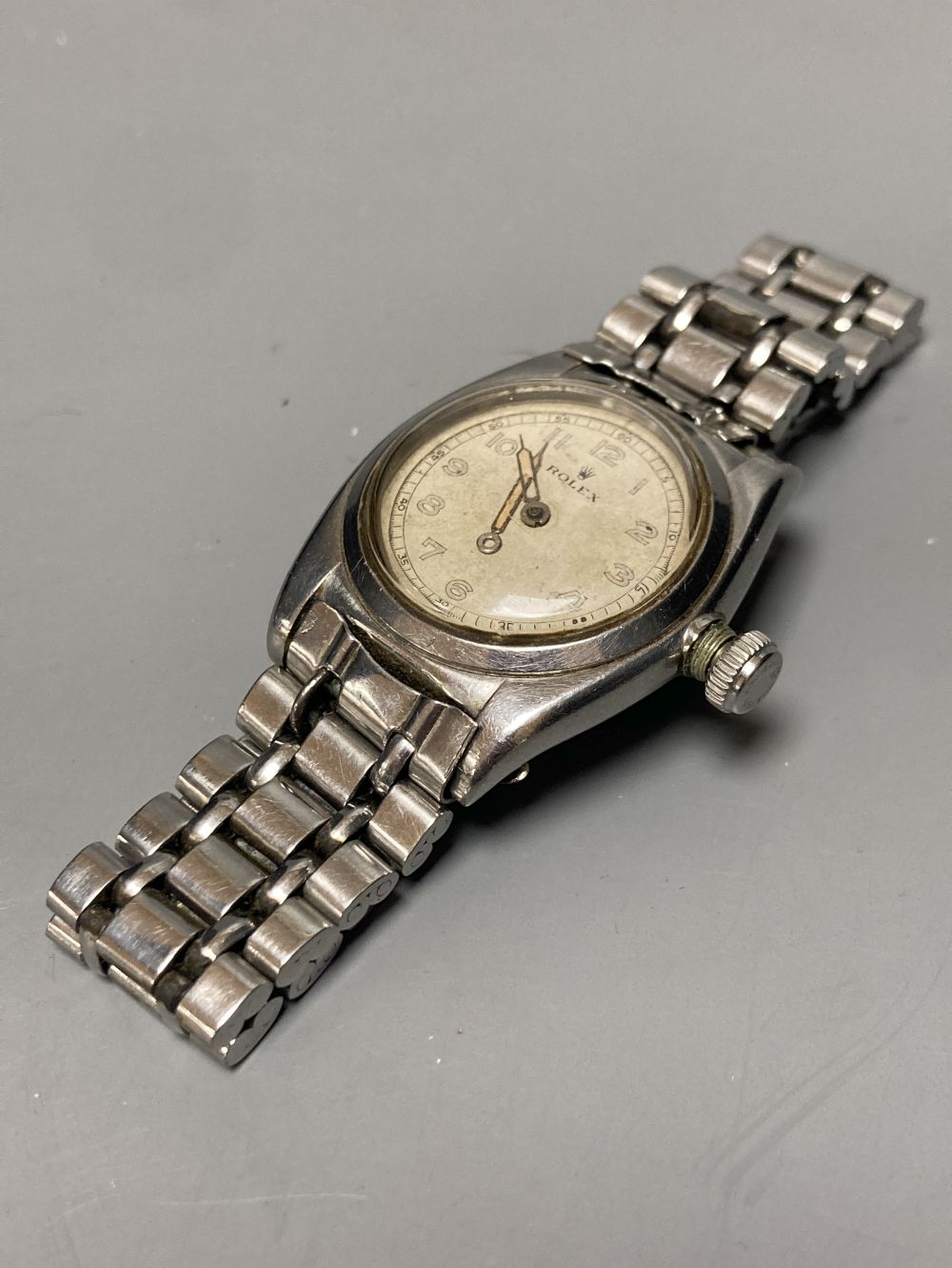 A gentlemans 1930s/1940s? stainless steel mid size Rolex manual wind wrist watch, with signed Ultra Prima movement,